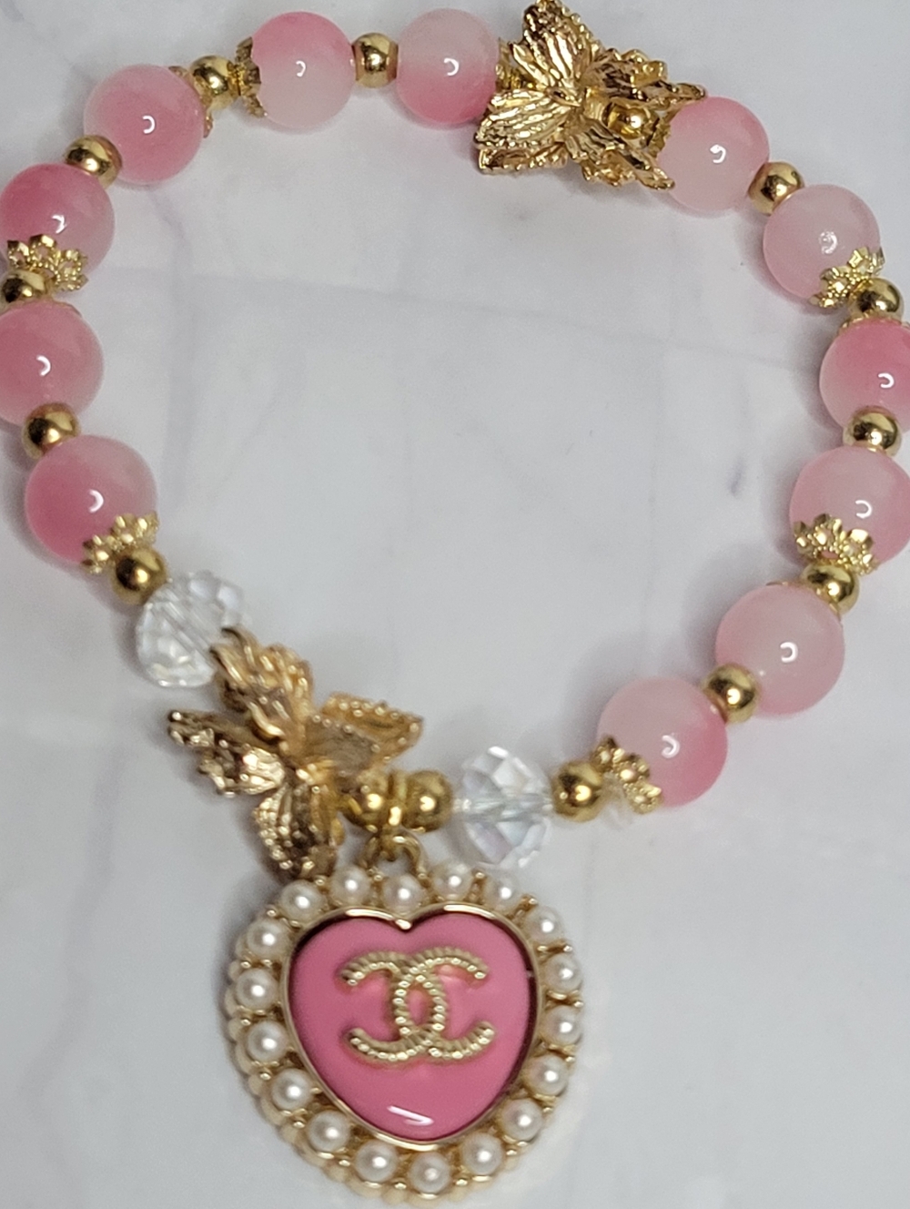 Pink Glass Beaded Stretch Bracelet, CC Zip Pull